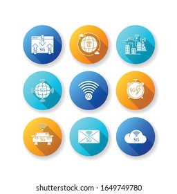 5G wireless technology flat design long shadow glyph icons set. Car control, data exchange. Smart city. Fast Internet connection. Mobile cellular network. Silhouette RGB color illustration