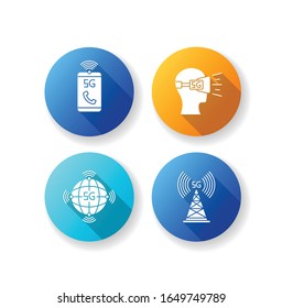 5G wireless technology flat design long shadow glyph icons set. VR headset. Cell tower. Improved phone calls. World standard. Mobile cellular network. Silhouette RGB color illustration