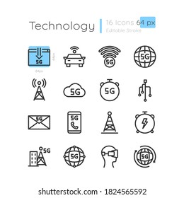 5G tecnología inalámbrica ajuste de iconos lineales. Cobertura de la red desde la torre de telecomunicaciones. Símbolos de contorno de línea delgada personalizables. Esquema vectorial aislado 64 x 64 ilustraciones px. Trazo editable