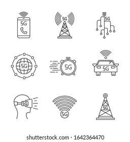 5G wireless technology pixel perfect linear icons set. Cell tower, improved phone calls. VR headset. Customizable thin line contour symbols. Isolated vector outline illustrations. Editable stroke