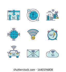 5G wireless technology RGB color icons set. Car control, data exchange. Smart city. Fast Internet connection. Mobile cellular network. Isolated vector illustrations