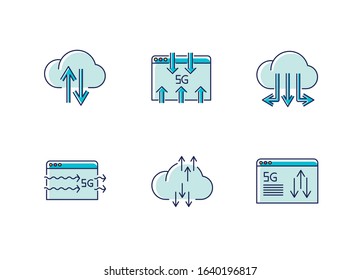 5G wireless technology RGB color icons set. Data transmission. Fast information exchange. Cloud computing. Mobile cellular network. Isolated vector illustrations