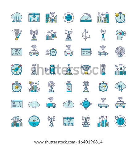 5G wireless technology RGB color icons set. World standard. Improved Internet signal. Mobile cellular network. Cloud computing. Data transmission. Isolated vector illustrations
