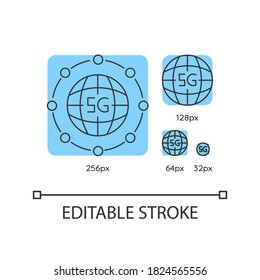5g worldwide availability blue linear icons set. Global deployment. Wireless technology. Thin line customizable 256, 128, 64 and 32 px vector illustrations. Contour symbols. Editable stroke