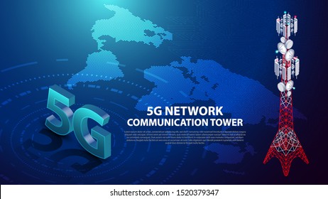 5G worldwide network technology communication antenna tower for wireless hi-speed internet with circuit board is background. LTE aerial network connection, fastest internet technology in future