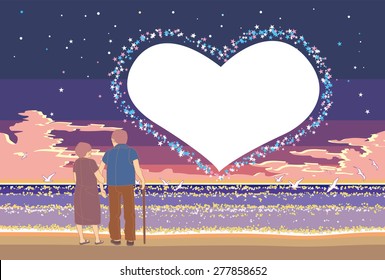 5he heart shaped stars that floats on a sea in the summer of dusk. And the old couple with happiness. And the old couple with happiness.