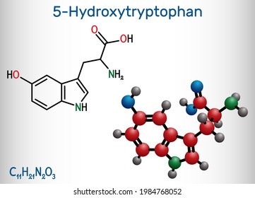 5-Hydroxytryptophan, 5-HTP, hydroxytryptophan, oxitriptan molecule. It is naturally occurring amino acid, tryptophan derivative. Structural chemical formula and molecule model. Vector illustration