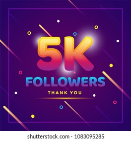 5k or 5000 followers thank you colorful background and glitters. Illustration for Social Network friends, followers, Web user Thank you celebrate of subscribers or followers and likes