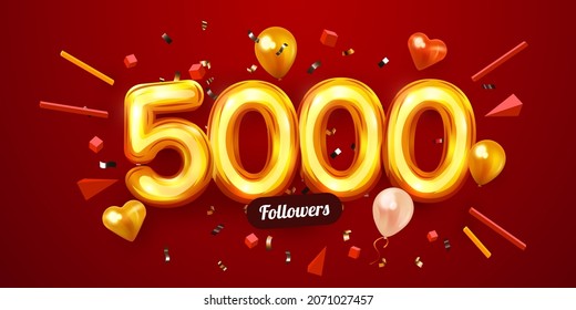 5k or 5000 followers thank you. Golden numbers, confetti and balloons. Social Network friends, followers, Web users. Subscribers, followers or likes celebration. Vector illustration