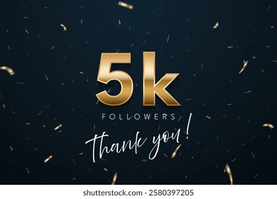 5k followers celebration banner. 3d social media achievement poster. Five thousand followers thank you lettering with golden sparkling confetti ribbons on dark blue background. Vector illustration.