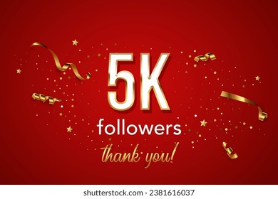 5k followers celebration vector banner. 3d social media achievement horizontal poster. Five thousands followers thank you lettering. Golden sparkling confetti ribbons. Shiny gratitude text.