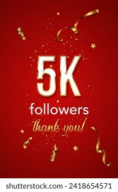 5k followers celebration vector banner. 3d social media achievement vertical poster. Five thousands followers thank you lettering. Golden sparkling confetti ribbons. Shiny gratitude text.