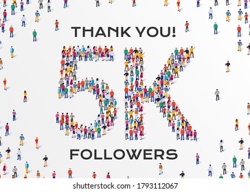 5K Followers. Group of business people are gathered together in the shape of 5000 word, for web page, banner, presentation, social media, Crowd of little people. Teamwork. Vector illustration