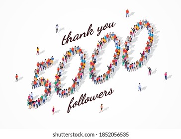 5K Followers. Group of business people are gathered together in the shape of 5000 word, for web page, banner, presentation, social media, Crowd of little people. Teamwork.