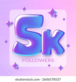 5K followers purple 3d holographic numbers. Social media post design on gradient background. Vector illustration