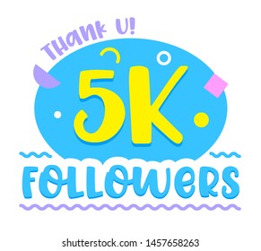 5K Followers Thank U, Numbers and Profile Statistics of Profile with Typography and Random Items, Social Media Logo, Image, Symbol, Sign, Sticker, Counter Notification Cartoon Flat Vector Illustration