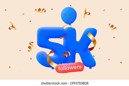 5.000 seguidores te agradecen los globos azules 3d y los confetti coloridos. Ilustración vectorial 3d números para medios sociales 5000 seguidores, Gracias seguidores, blogger celebra suscriptores, me gusta