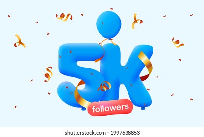 5K followers thank you 3d blue balloons and colorful confetti. Vector illustration 3d numbers for social media 5000 followers, Thanks followers, blogger celebrates subscribers, likes