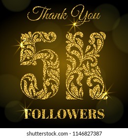 5K Followers. Thank you banner. Decorative Font with swirls and floral elements. Golden letters with sparks on a dark background.