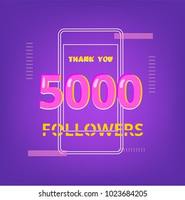 5K Followers thank you phrase with random items. Template for social media post. Glitch chromatic aberration style. Ultra violet palette colors. 5000 subscribers banner. Vector illustration.