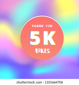 5K likes thank you post.  Greeting card with red round button for social networks. Template for social media post for blog. Vector illustration.