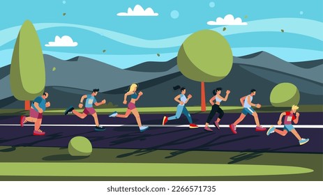 5K run marathon. Sport people. Runners race. Athlete men or women walk to event. Active lifestyle. Sprinters health workout. Sneaker shoes and sportswear. Vector illustration poster