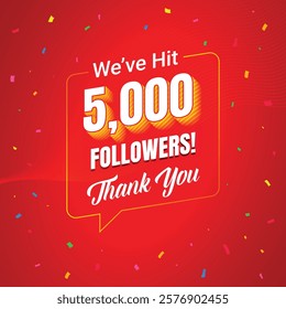 5k social media followers and subscribers template, greeting banner for fans, vector background for achievement celebration template, five thousands followers and subscribers with red background.