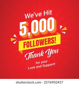 5k social media followers and subscribers template, greeting banner for fans, vector background for achievement celebration template, five thousands followers and subscribers with red background.