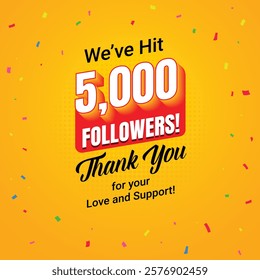 5k social media followers and subscribers template, greeting banner for fans, vector background for achievement celebration template, five thousands followers and subscribers with yellow background.