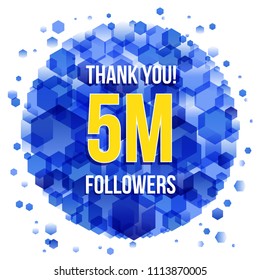 5m or 5000000 followers thank you colorful background and glitters. Illustration for Social Network friends, followers, Web user Thank you celebrate of subscribers or followers and likes