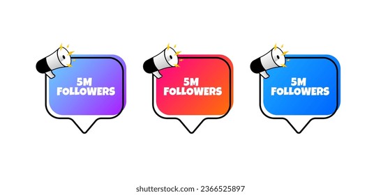 5m followers icons. Flat, color, screaming sign, 5m followers, megaphone icons, 5m followers. Vector icons