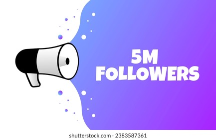 5M followers sign. Flat, purple, text from a megaphone, 5M followers. Vector icon