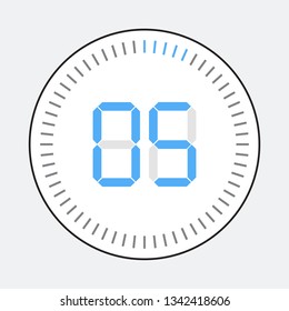 The 5minut, stopwatch vector icon, digital timer. Vector digital count down circle board with circle time pie diagram. Watch outline style design, designed for web and app.