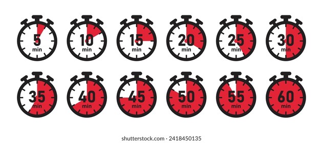 5-minute time counter concept set of clocks or stopwatches vector image in red color. Cooking time symbols and labels - Vector Icon