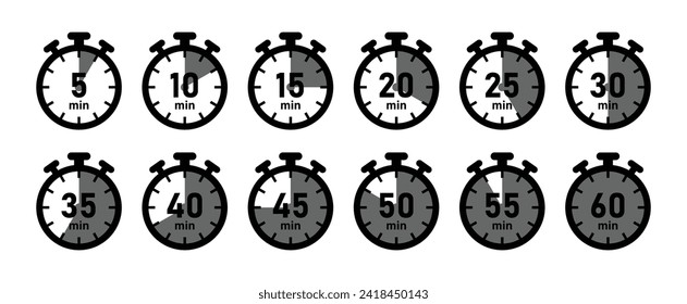 Conjunto de conceptos de contador de tiempo de 5 minutos de relojes o paradas de imágenes vectoriales en color negro. Símbolos y etiquetas del tiempo de cocción - Icono del vector