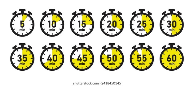 5-minute time counter concept set of clocks or stopwatches vector image in yellow color. Cooking time symbols and labels - Vector Icon