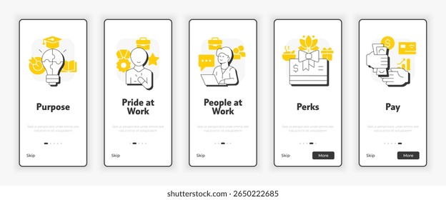 5P of employee fulfillment mobile onboarding screen. Business perks, benefits. UX UI illustration. Flat outline style icons with yellow accent