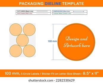 5pcs 100 mm CIRCLE or ROUND label sticker dieline template 