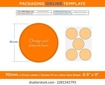 5pcs 90 mm CIRCLE labels sticker dieline template