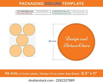 5pcs 96 mm CIRCLE or ROUND label sticker dieline template 