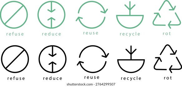 5R Zero Waste Icon Set Vector Refuse Reduce Reuse Recycle Rot Green
