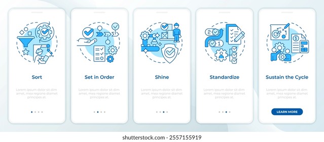 5S methodology blue onboarding mobile app screen. Walkthrough 5 steps editable graphic instructions with linear concepts. UI, UX, GUI template