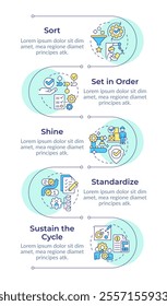 5S methodology infographic design template. Lean manufacturing. Workplace efficiency. Data visualization with 5 options. Process vertical flow chart
