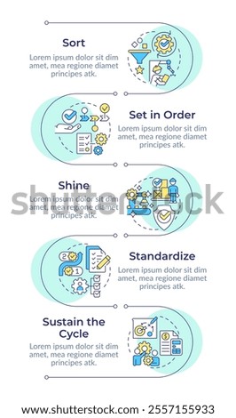 5S methodology infographic design template. Lean manufacturing. Workplace efficiency. Data visualization with 5 options. Process vertical flow chart
