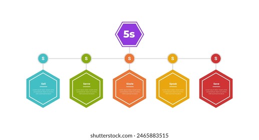 5S Model Marketing Infografik Vorlage Diagramm mit Hexagon Timeline Stil und Circle Line Netzwerk mit 5 Punkt-Schritt-Design für Slide-Präsentation Vektorgrafik