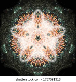 A 5-sided star composed of spirals of vibrant green, orange, & white streaks of light on a tileable square background.