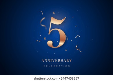 Tarjeta de felicitación de la celebración del 5º aniversario. Oro rosa metalizado Número 5 con confeti brillante sobre fondo azul oscuro. Plantilla de diseño para la decoración de eventos de cumpleaños o fiesta de bodas.