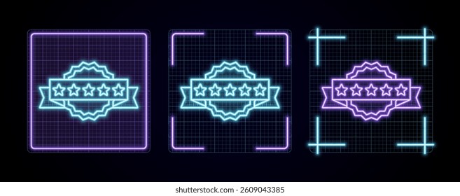 5-star badge illustration, cyber neon visual, glowing border grid vector.