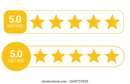 5-star icon. symbol of customers rating for product or service. yellow five-star sign with text for app, website, Ui design element. Vector illustration.
