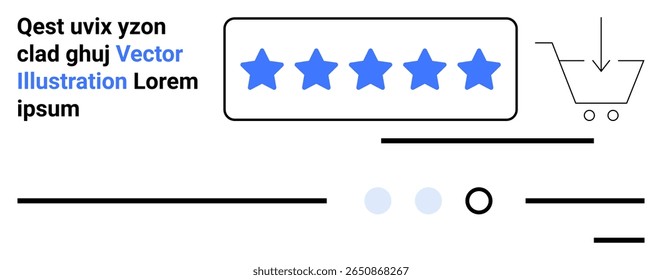 Sistema de classificação de 5 estrelas, ícone de carrinho de compras, espaços reservados para texto e linhas. Ideal para e-commerce, revisões on-line, classificações, compras, comentários de usuários, atendimento ao cliente e avaliação de produtos. Página inicial